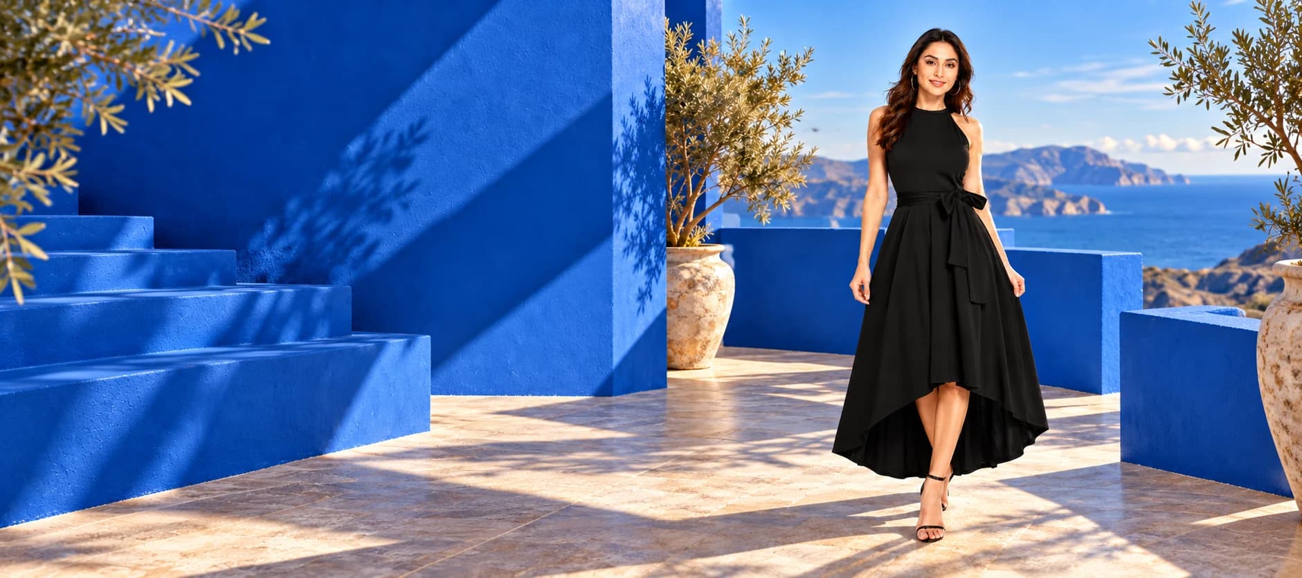 Campaign featuring the supplied black high-low halter dress