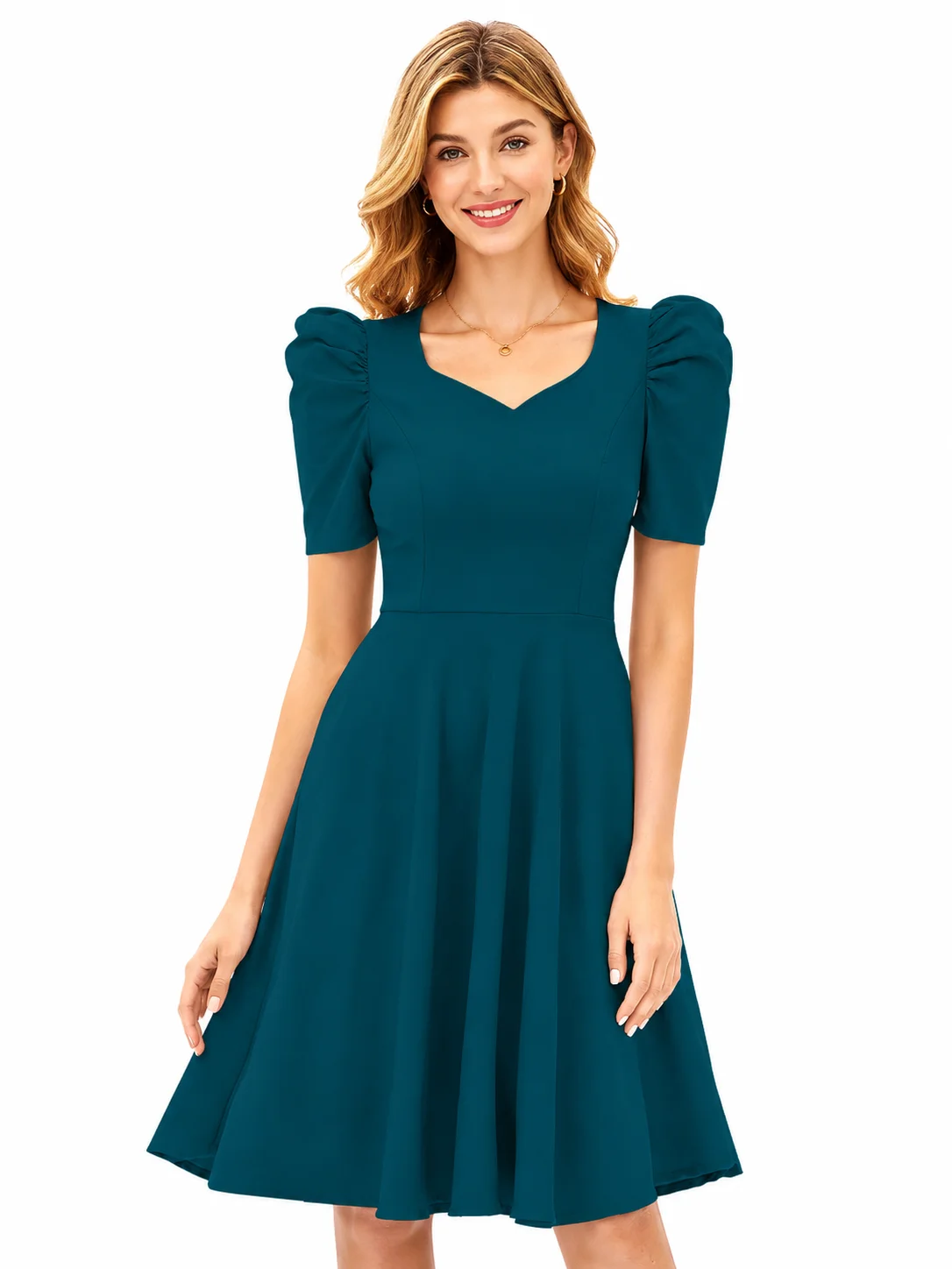 LICOLA Women's Fit & Flare Knee Length Dress | Stretchable Knitted Fabric | V-Neck | Cap Sleeve | Solid Casual & Party Dress