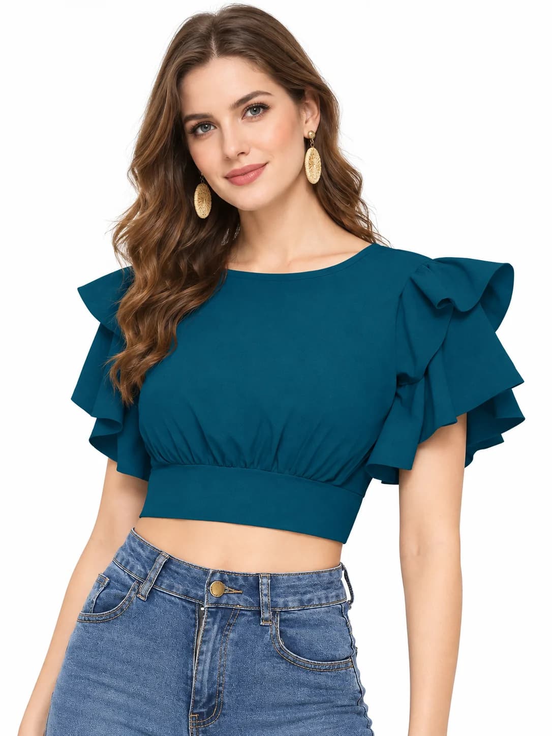 LICOLA Women's Solid Polyester Ruffle Bell Sleeve Crop Top, Round Neck