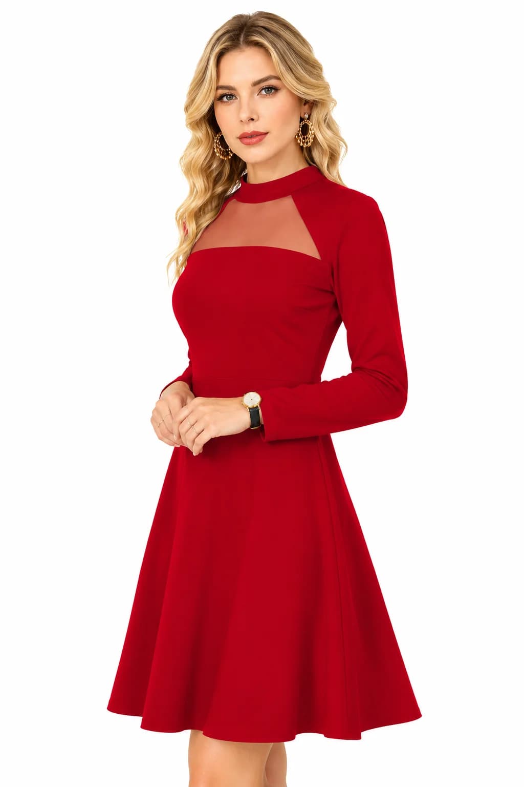 LICOLA Women's Fit & Flare Knee Length Dress | Round Neck | Full Sleeve | Stretchable Knitted Dress Black
