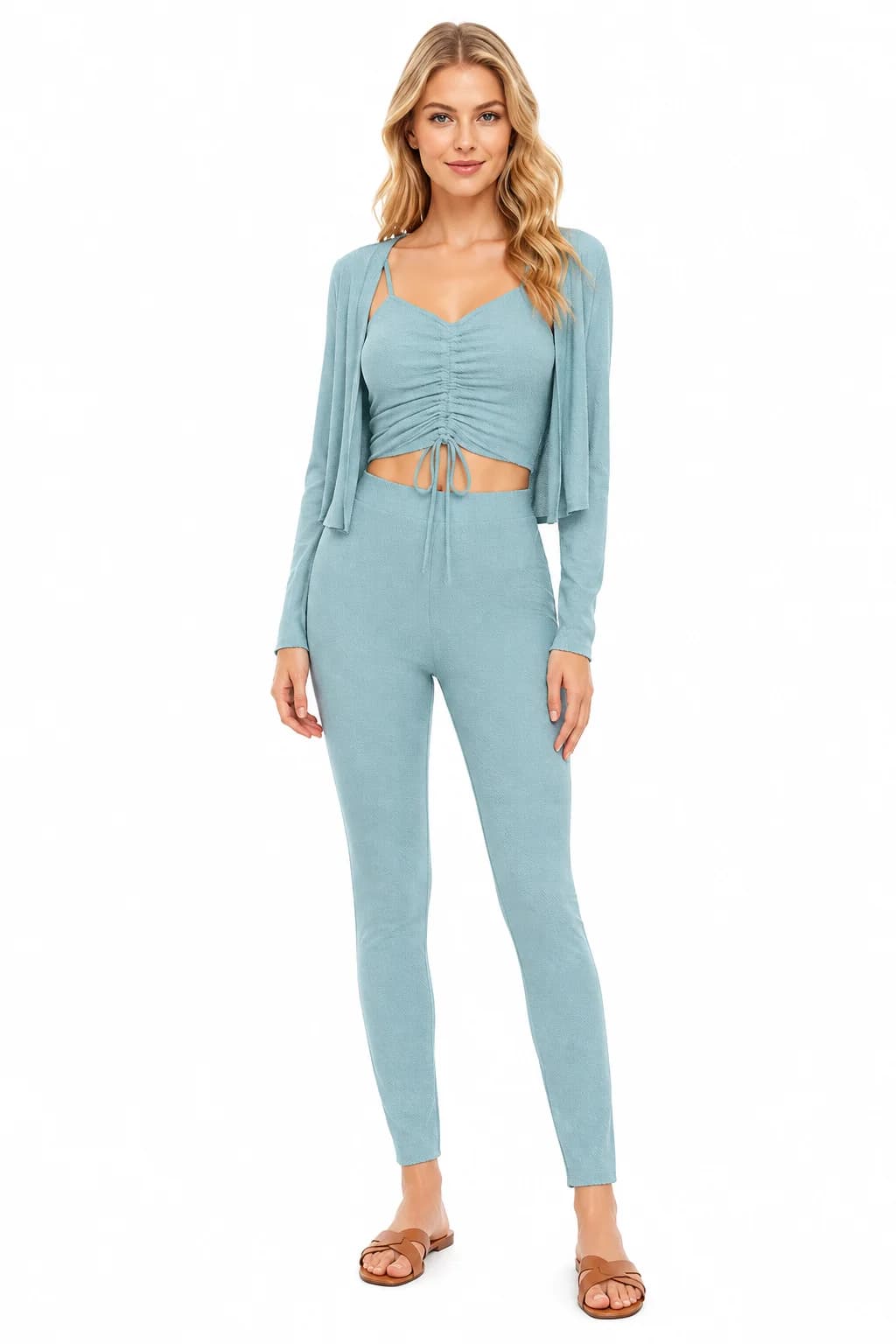 LICOLA Women's 3 Piece Co Ord Set Ruched Top Shrug Tapered Pants