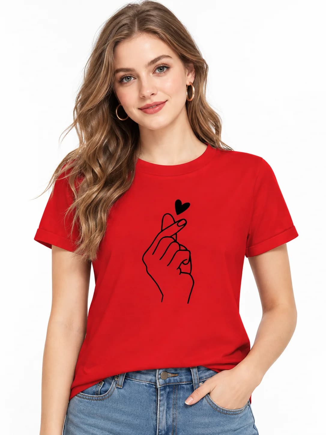 LICOLA Women's Cotton Graphic Printed Round Neck Half Sleeve T-Shirt - Red