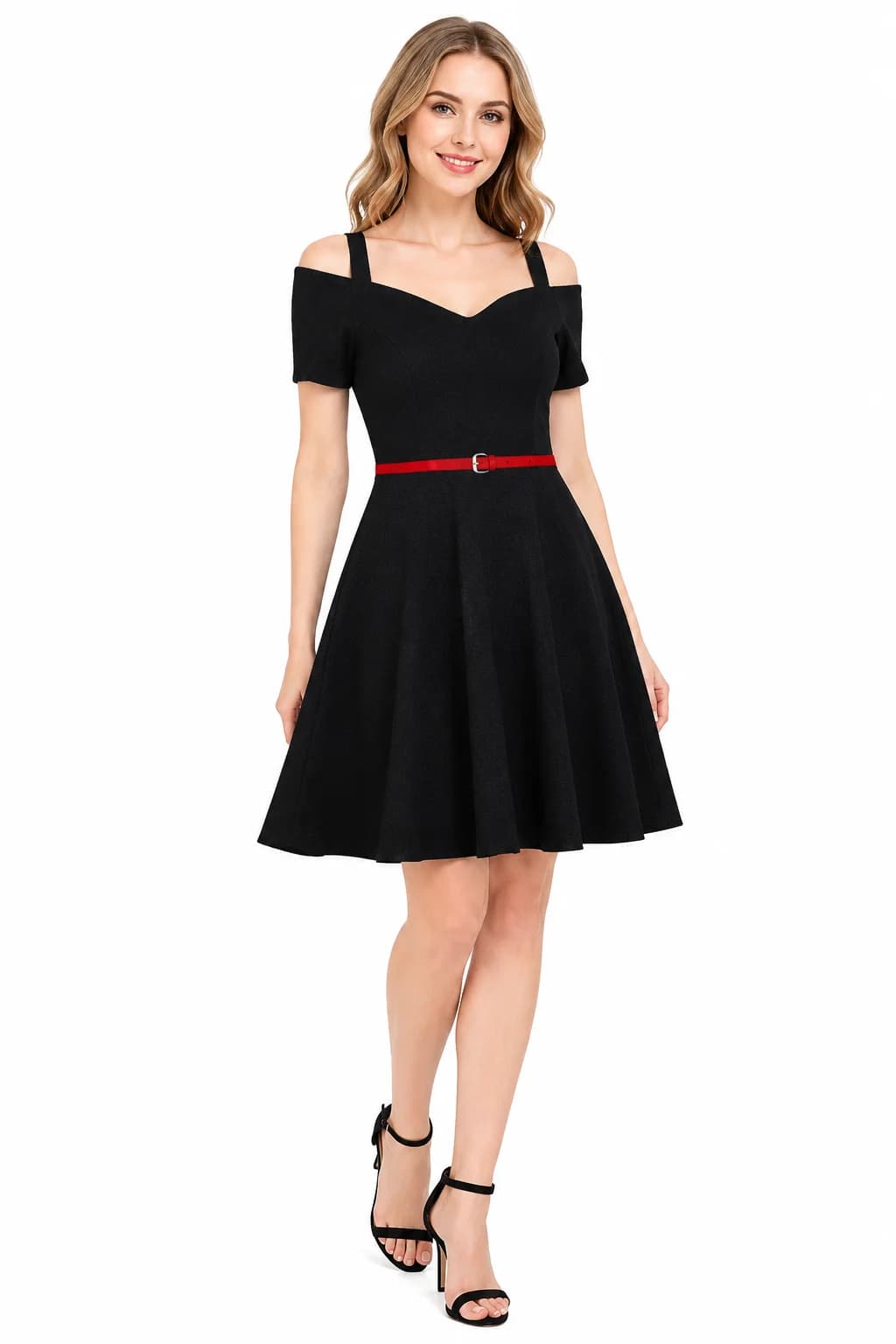 LICOLA Women's Fit & Flare V Neck Knee Length Dress with Belt