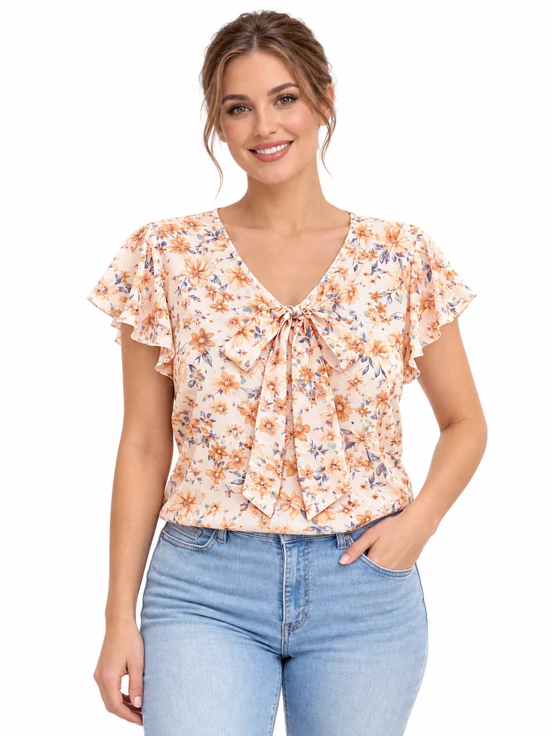 LICOLA Women's Printed Georgette V-Neck Bow Tie Top