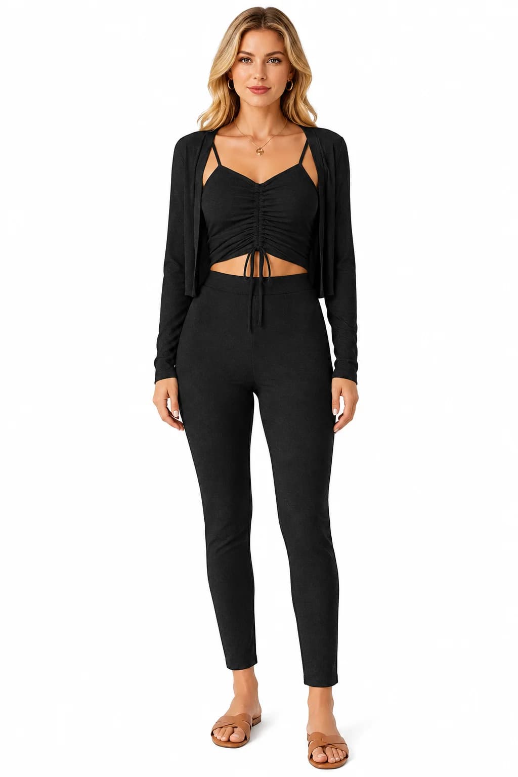 LICOLA Women's 3 Piece Co Ord Set Ruched Top Shrug Tapered Pants