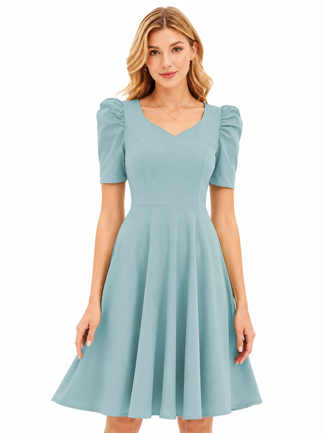 LICOLA Women's Fit & Flare Knee Length Dress | Stretchable Knitted Fabric | V-Neck | Cap Sleeve | Solid Casual & Party Dress